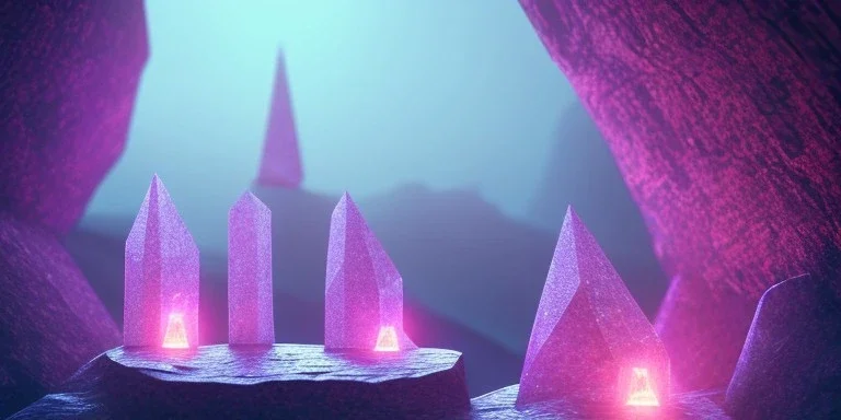 single pink crystal, on an altar in a foggy cave, cinematic,