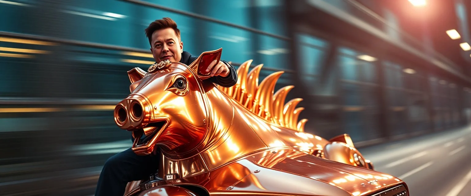 motion blur, close up, portrait of black Elon Musk riding an awesome spaceship in copper, fast one in the shape of a horsepig is half horse half pig, now its gonna do an awesome gig , bokeh like f/0.8, tilt-shift lens 8k, high detail, smooth render, down-light, unreal engine, prize winning