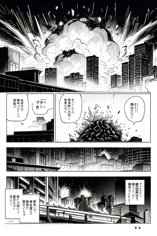 explosion in city, manga page, greyscale