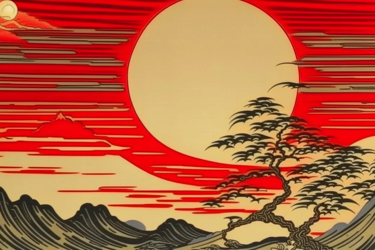 A light red blazing sun with a fiery planet painted by Utagawa Hiroshige