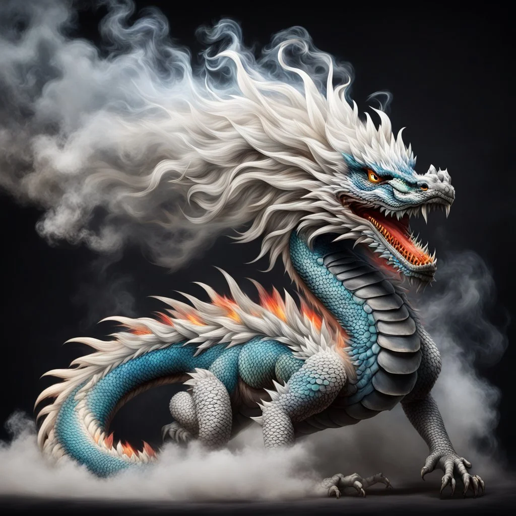 a sturdy colorful asian dragon curly white fur, smokey breath and fire, claws, spikes along back, a long tail, moving forward towards viewer, wrapped in smoke