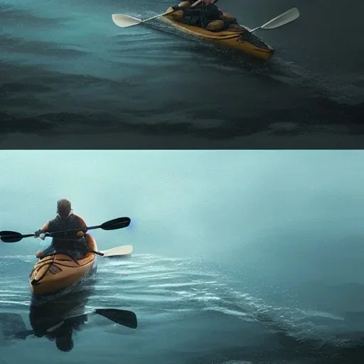 highly detailed kayaker on lake, illustration, cinematic lighting, 4k, 8k, octane render, digital concept art, greg rutkowski, trending on artstation, pinterest, extremely detailed, ambient lighting.