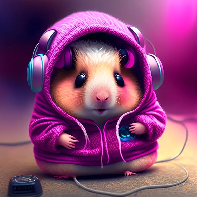 One Cute adorable round anthropomorphic hamster wearing a pink hoodie and headphones, emo, breathtaking fantasy core artwork, intricate photography, a masterpiece, cgsociety, Hyperrealistic, concept art, mid shot, intricately detailed, color depth, dramatic, colorful background, intricate details, HDR, beautifully shot, sharp focus, 64 megapixels, perfect composition, complex contrast, cinematic, atmospheric, moody