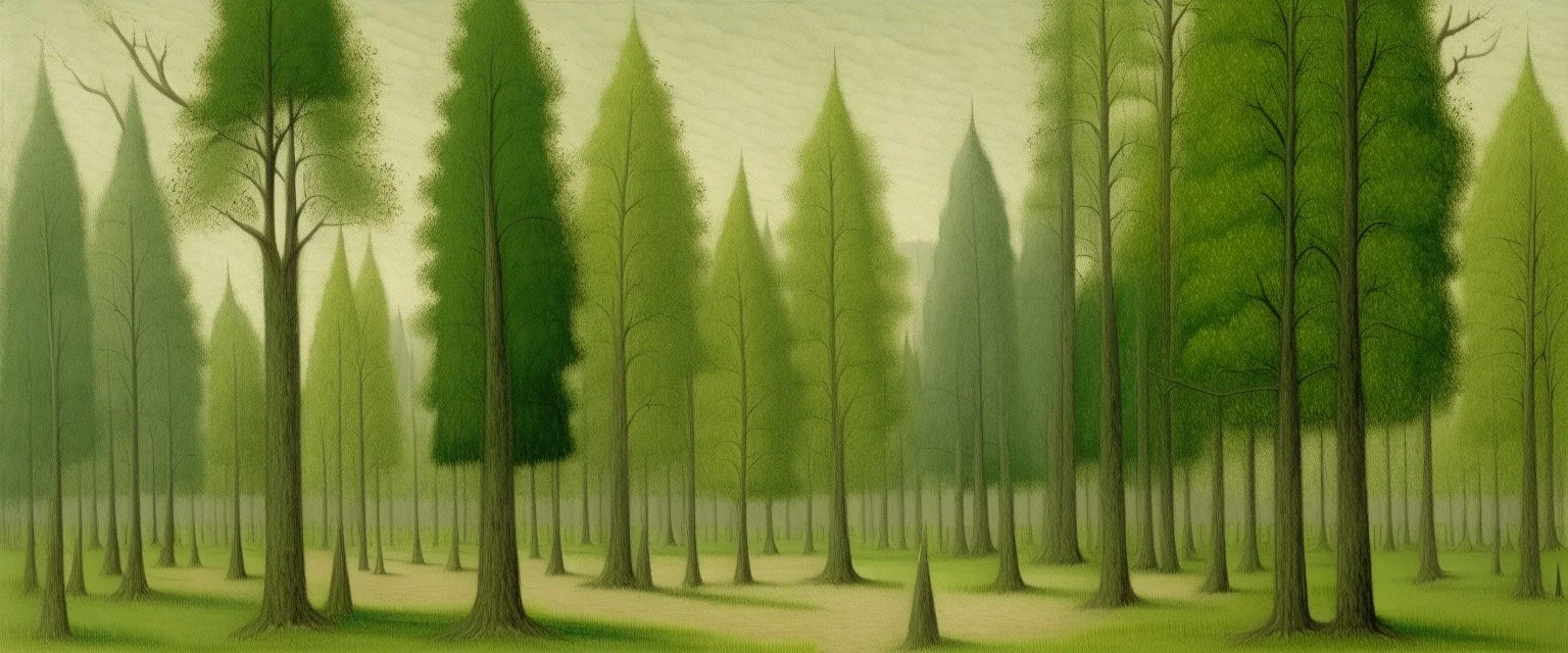 A grayish green forest with giant trees painted by Georges Seurat