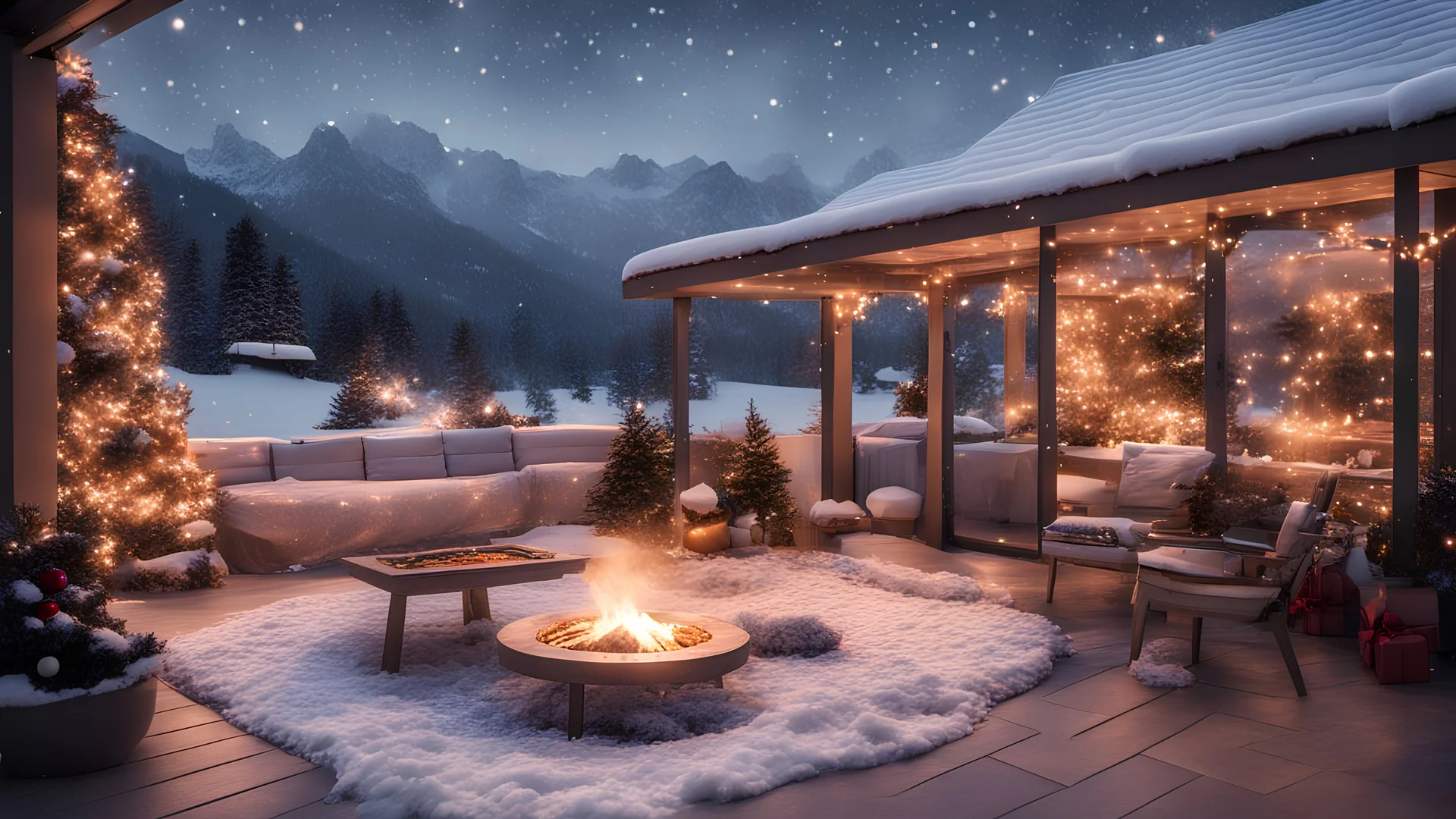 a beautiful patio with lights. you can see the mountain view. there is a small fire pit. christmas decorated patio. it is snowing outside