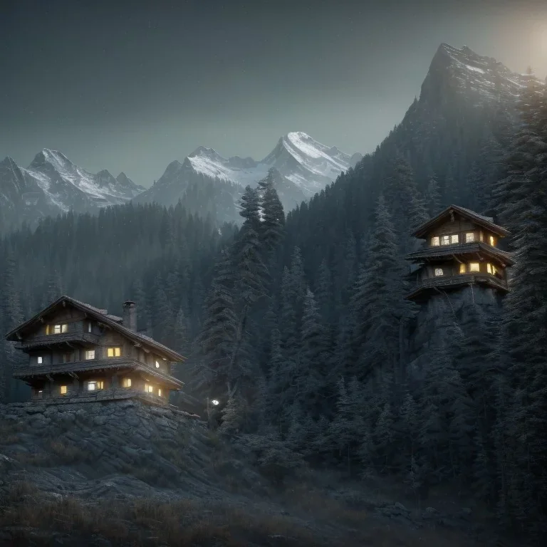 Five hunting people, sense of fear, mountain hut in the background, Alps, night sky, 8k, HD, cinematography, photorealistic, Cinematic, Color Grading, Ultra-Wide Angle, Depth of Field, hyper-detailed, beautifully color-coded, insane details, intricate details, beautifully color graded, Cinematic, Color Grading, Editorial Photography, Depth of Field, DOF, Tilt Blur, White Balance, 32k, Super-Resolution, Megapixel, ProPhoto RGB, VR, Halfrear Lighting, Backlight, Natural Lighting, Incandes