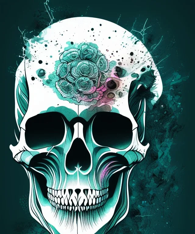 minimal lineart skull. watercolor and ink. broken. particles. black background. teal and magenta