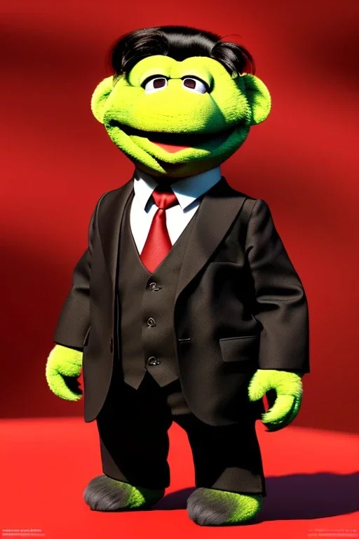 Waist up muppet Portrait, Kim Jong-un muppet doll, black suit, photo studio, red background, unreal engine 5, concept art, art station, god lights, ray tracing, RTX, lumen lighting, ultra detail, volumetric lighting, 3d.