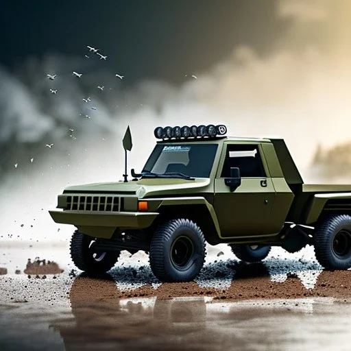 Origami, hyperrealistic shot, muddy military toy truck, monotone color palette, sharp focus, puddle reflection, tire water splash, refraction, mist on the horizon, shadowcast, detailed and intricate, cinematic composition, micro, tilt shift photography