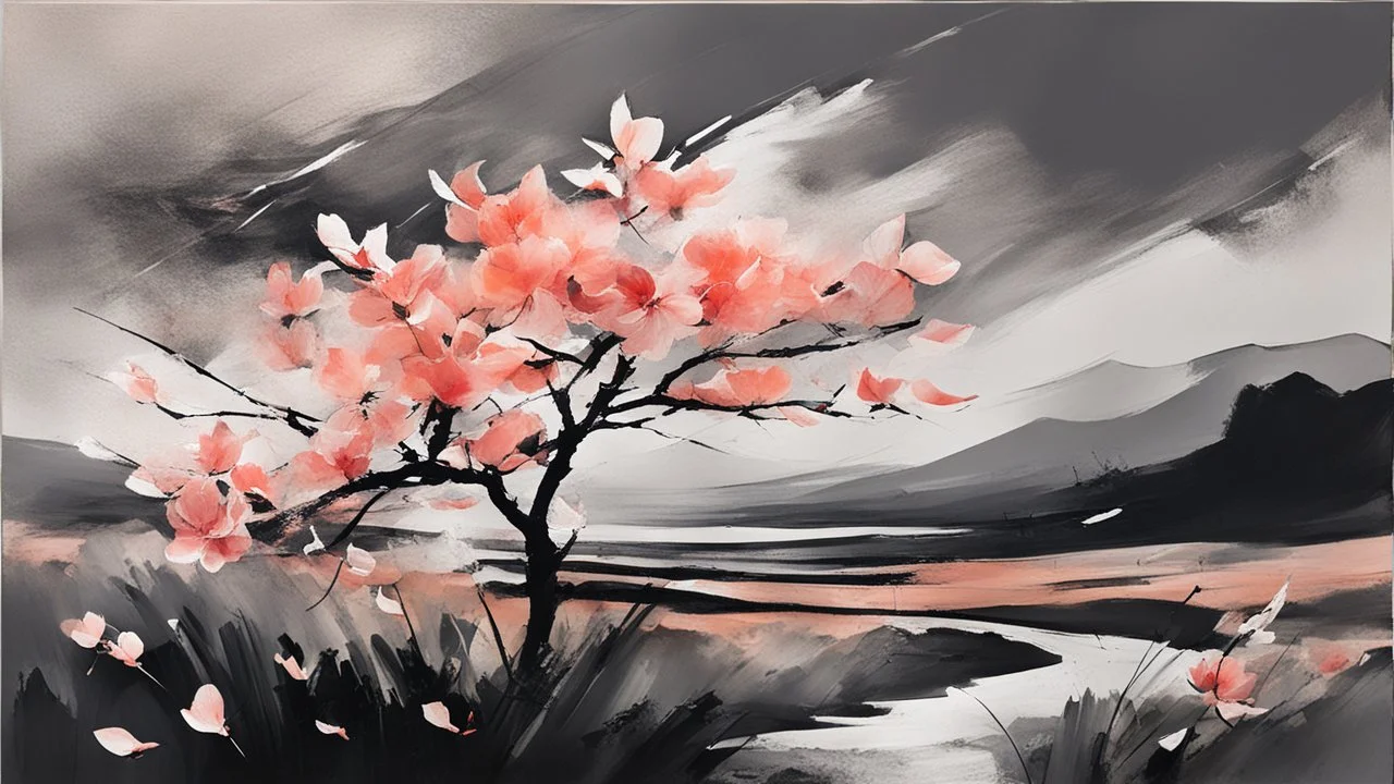 a garden before imminent storm, strong wind, peach blossom petals blown in the wind, minimal acrylic and ink, tint leak, dark grey and peach blossom colors, harsh contrasts, windy dynamics