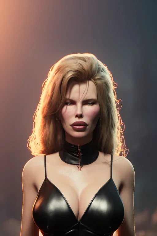 Kim Basinger in black leather gown, evil,energetic, villain, busty, cleavage, curvy, angry, happy, stern look. character design by cory loftis, fenghua zhong, ryohei hase, ismail inceoglu and ruan jia. unreal engine 5, artistic lighting, highly detailed, photorealistic, fantasy