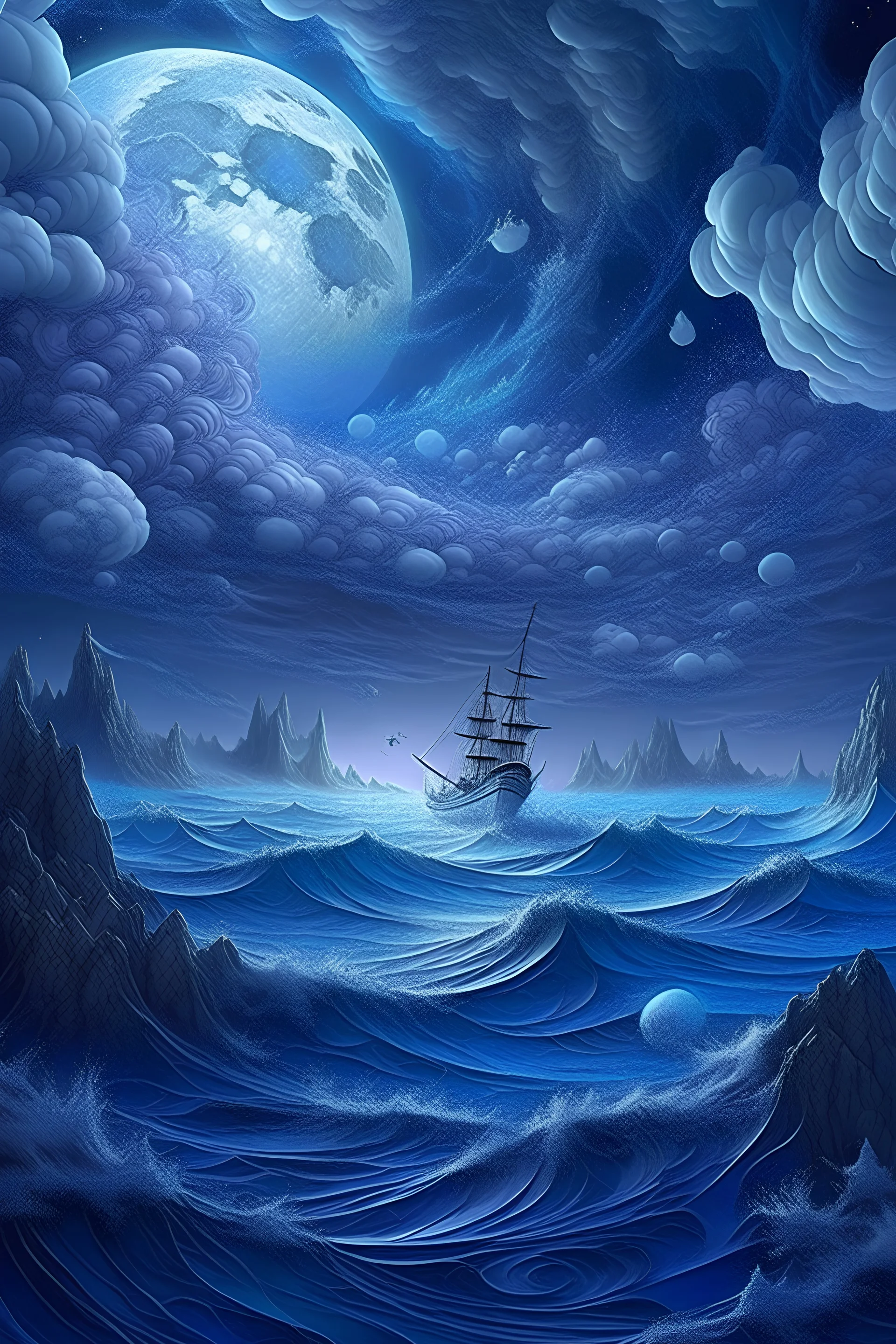 raging sea, blue-white, airy, wind, clouds of smoke, epic, fabulous landscape,3D,horror, 16k,surrealism,detailed drawing of details, transparent watercolor, clear outline, starfall, beautiful night landscape, dark fantasy, blue, white, lilac, neon, detailed, engraving, color illustration, star map, moon, stars, space