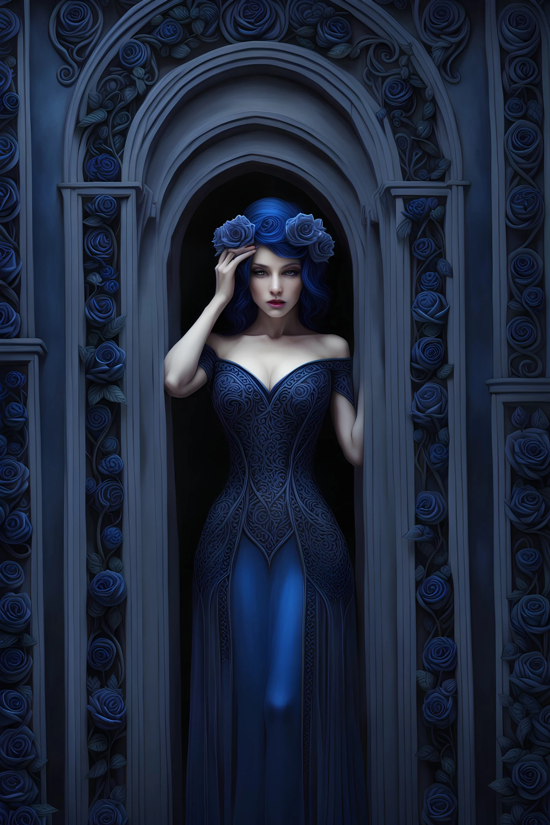 dark blue zentangle goth woman in the portal of a rose garden :: upper body portrait, 8k 3D, masterpiece, award winning, portrait style of Charlie Bowater, Nicoletta Ceccoli, Frank Bramley, Lee Bogle, hyperdetailed, intricately detailed Splash art, dark blue shades, volumetric lighting, crisp quality, centered