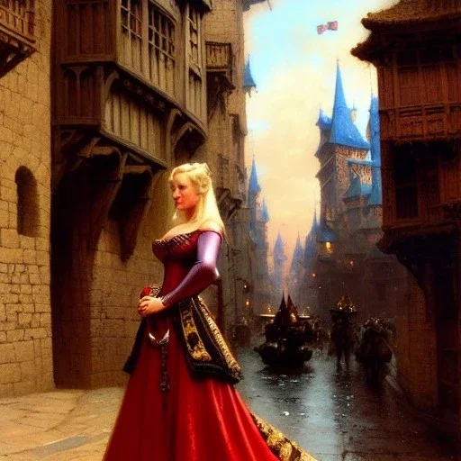 fullbody portrait 'beautiful blonde busty medieval woman on street in medieval city',corset,painting by gaston bussiere, greg rutkowski, yoji shinkawa, yoshitaka amano, tsutomu nihei, donato giancola, tim hildebrandt, oil on canvas, cinematic composition, extreme detail,((fit full head inside picture)),32k