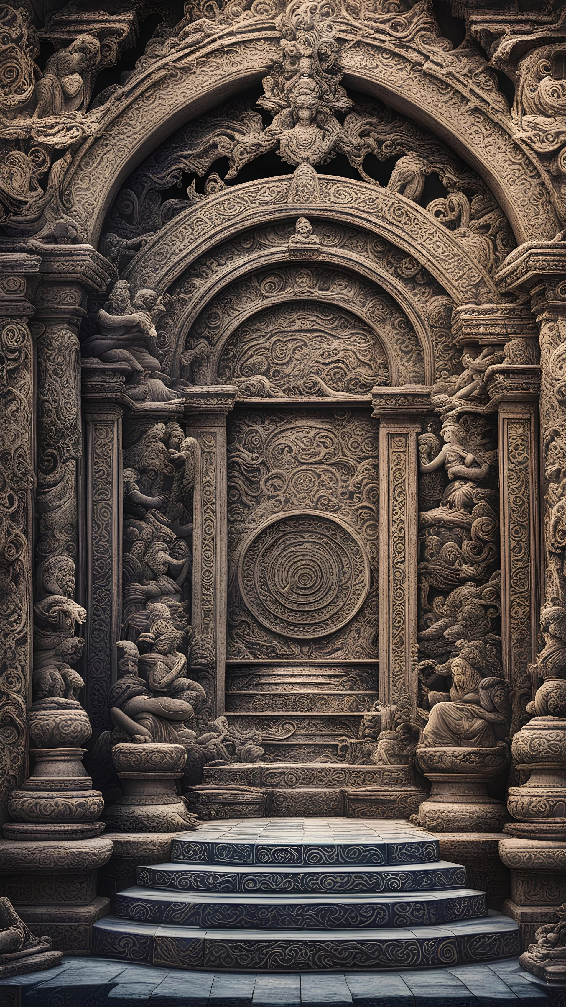 a scene of an ancient temple where elemental magic thrives, with intricate carvings depicting powerful deities and mystical rituals taking place amidst swirling energies