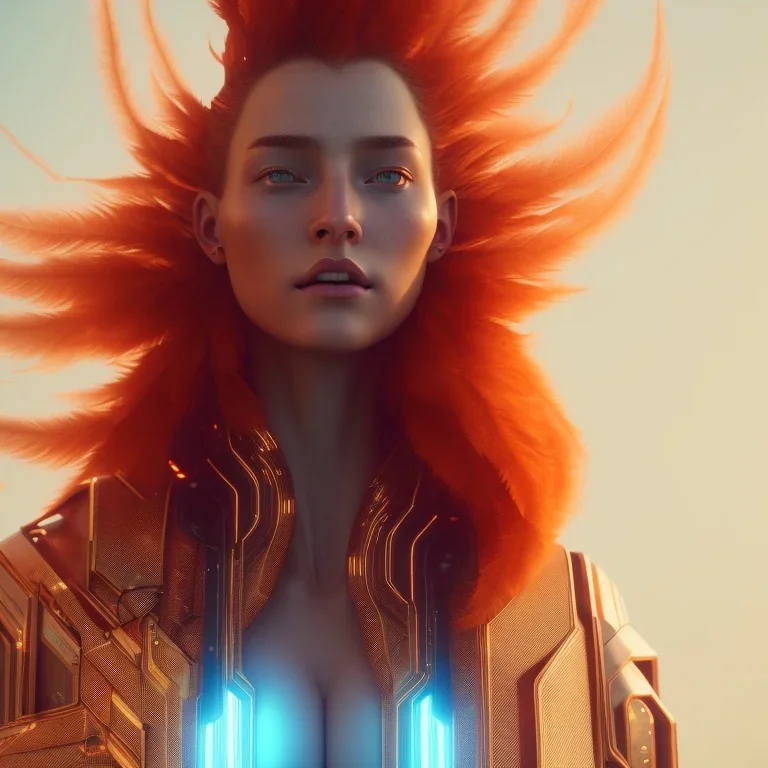 A beautiful portrait of a cyberpunk woman with grain on skim red head with hair flying in the wind cyborg smiling facing camera orange color scheme, high key lighting, volumetric light high details with white stripes and feathers unreal 5, octane render, cinema4d, dynamic lighting, dramatic lighting, 4k, redshift render, highly detailed, hyper realistic like Tron the movie