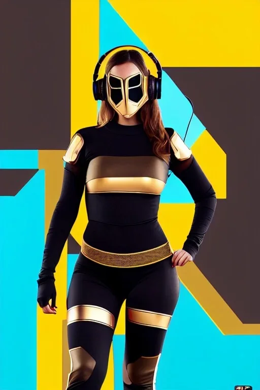 Realistic photograph. Geometric 3D tiling on the background. Lightly armored, electronic circuit. Cyber-punk full-mask. woman full-covered face mask. Bronze color Yellow Black Cyan. AKG headphones, golden rings & disc. Selfie both hands. Thick tights. Thick calves. Curved fell. Wide hip. Flat belly. Ancient artifact cables between. Perfect, Tron Movie. Lay figure. Haute Couture 1990's. Light from right