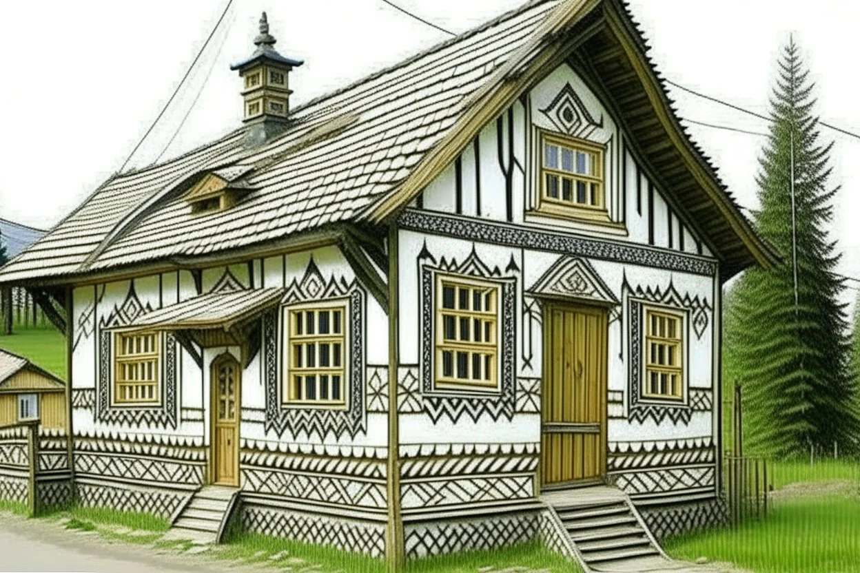 schita cu tema casa taraneasca din Bucovina , incadrata bine in rama , hasurat cu linii fine , cu mare acuratete si contrast , stil gravura pe metal