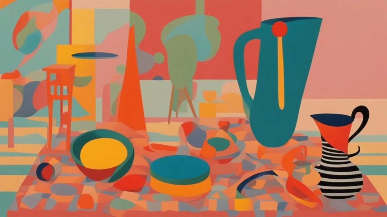 Still life composition with abstract shapes and vibrant colors, featuring objects such as a chair, a jug, and possibly a musical instrument on a patterned background