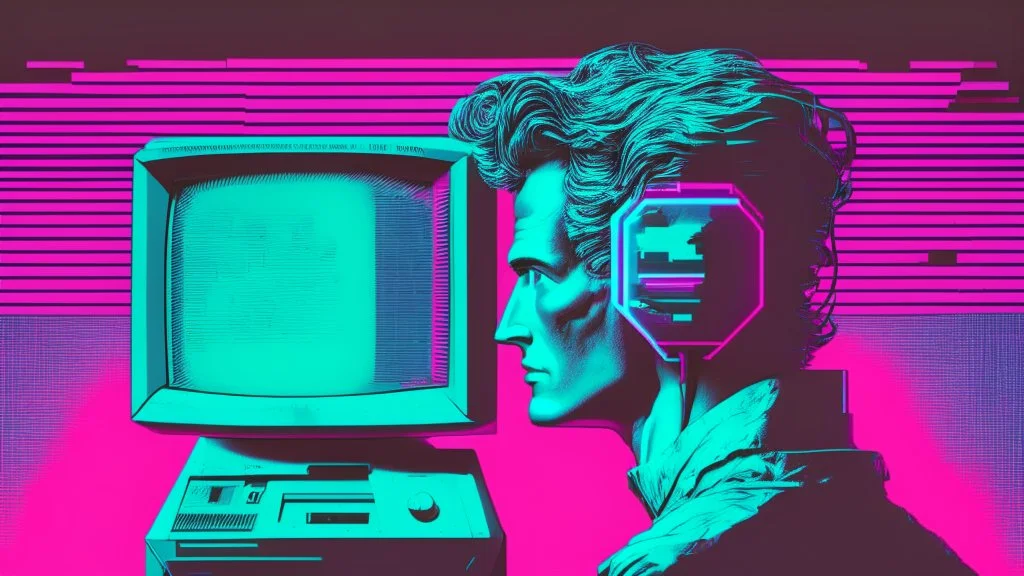 synth-wave, man with monitor as head, iconic:1.8),
