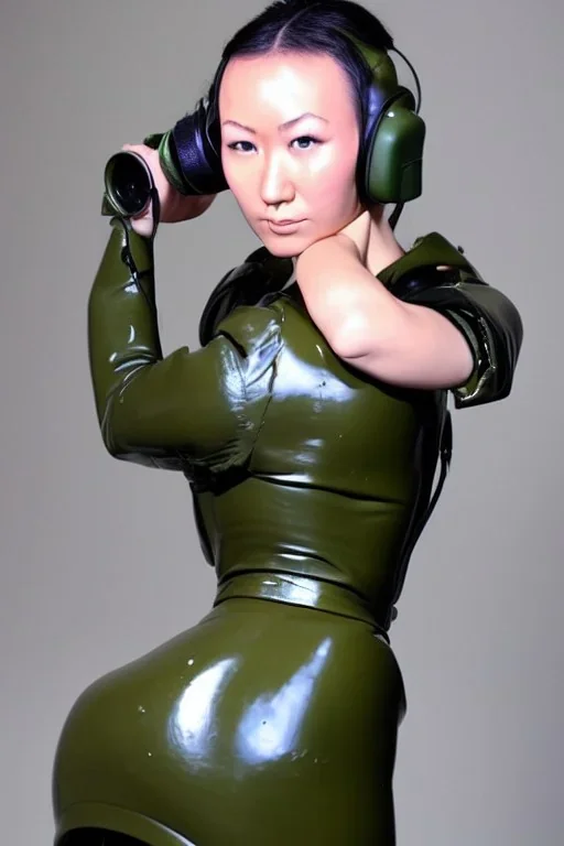 Russian military girls. Army green surfaces body, latex. skin is golden hard plastic material. Cyber-punk. Metallic headphones and speakers on ears, Old-fashioned cameras integrated to heads. Crash-test-dummy-face. Perfect body, thick thighs and calves. simple face. Wide hip, skirt bleats nicely. Asa Akira. Partly symmetrical. Straitjacket. Rusty and decayed background. Steam-plunge air-bottles. Euclidean 3D-tiling walls. 5th dimensional surface structures. Oppressive atmosphere