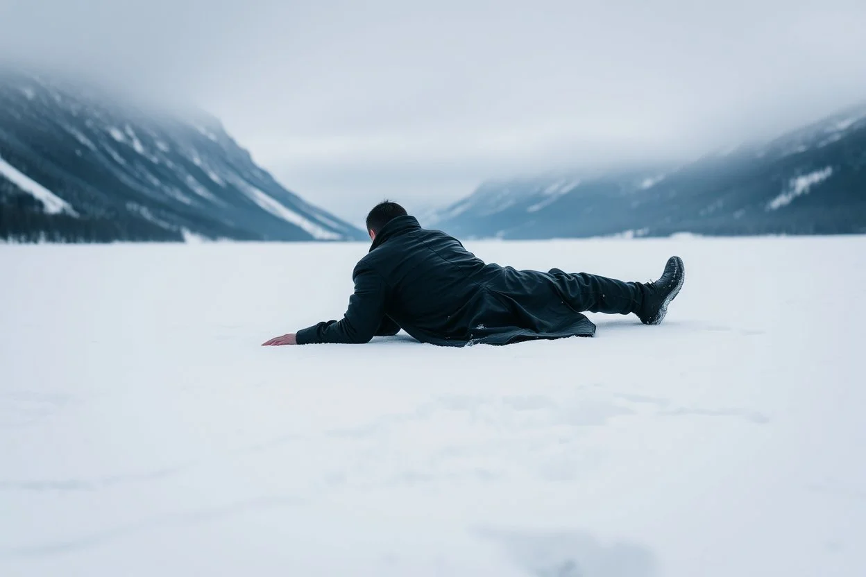 in distance side a wiev a figure in dark clothes and long black leather coat lies on his back in the snow in a winter landscape, alone, white snow, high contrast, cold, winter, mountains, white, blue, gray and black colors, cinematic, atmospheric, dark, gloomy, thriller vibe, crepy stunning