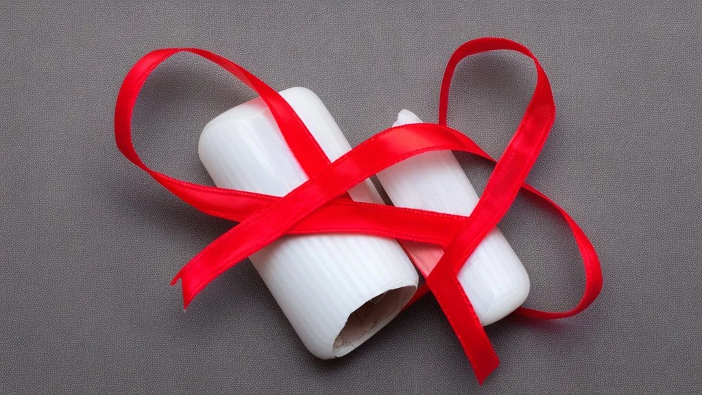 a packet of red pills, a torn red ribbon, on a white background