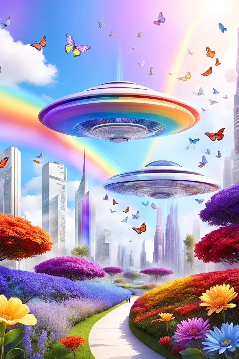 colors, very beautiful, flowers garden,rainbow, cité très futuriste ultra moderne, ufos rainbow, ufos fleet, intergalactic, birds, butterfly