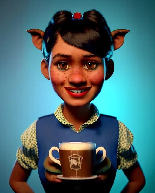 Waist up portrait, hybrid character, waitress British woman with monster muppet mask that covers her entire head and face, Sesame Street style, retro style, pub, short shirt, tray, beer, old school tattoo, hot, smooth, unreal engine 5, god lights, ray tracing, RTX, lumen lighting, ultra detail, volumetric lighting, 3d.