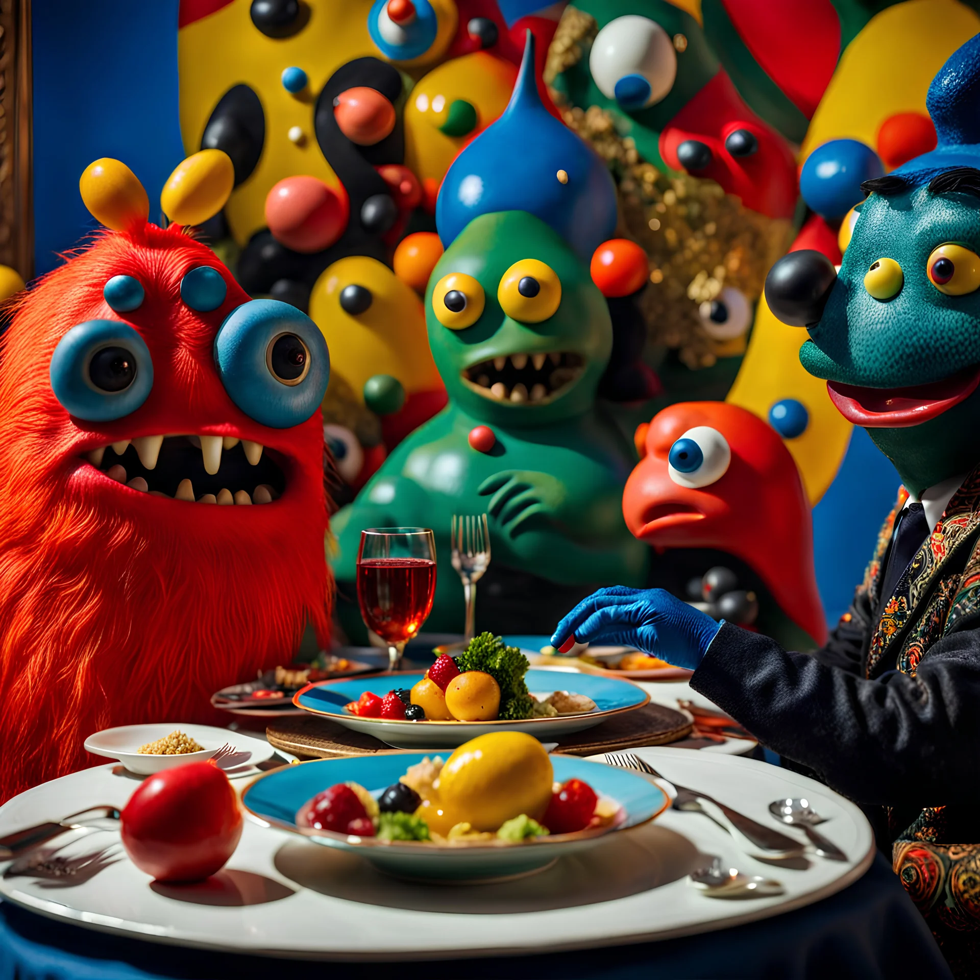 Close-up shot of ultra realistic odd monsters dining, vivid, ultra realistic, Joan Miró, hypermaximalist figures, light, Italian 1970's odd movie, hilarious, Minicavio Quollati style, photography by Marlost Endgulp, ornate, 4k, photorealism, impressionism