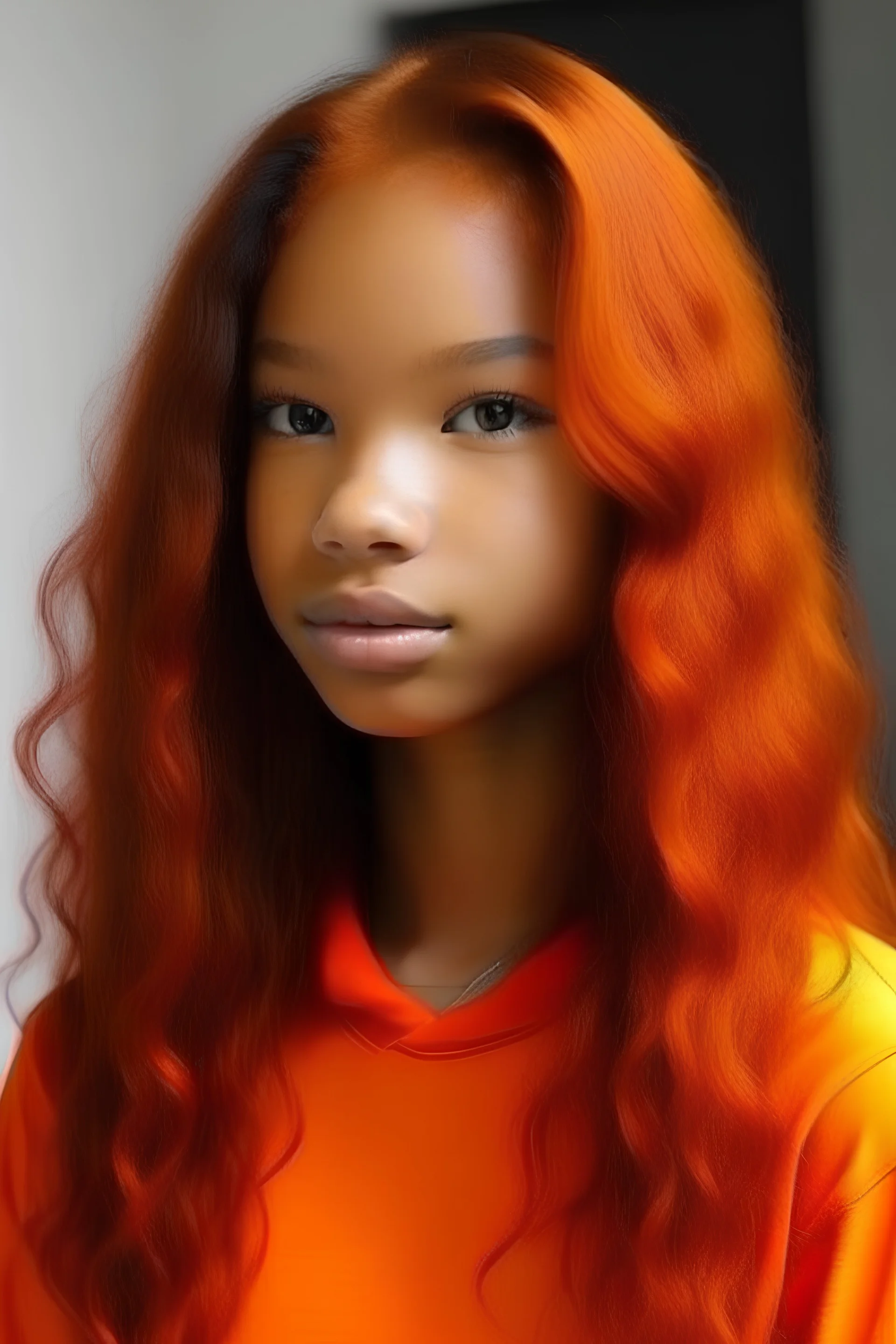 Light skin teen with straightened hair that is reddish orange