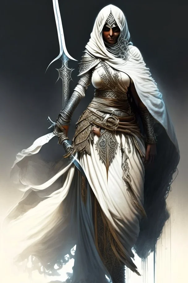 Full body veiled female Arab warrior holding a sword, fantasy, powerful, high quality