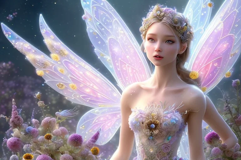 one very little beautiful fairy on a big crystal subtle flower in a galactic ambiance, transparent petals, delicate colors, in the foreground, full of details, smooth, bright sunshine，soft light atmosphere, light effect，vaporwave colorful, concept art, smooth, extremely sharp detail, finely tuned detail, ultra high definition, 8 k, unreal engine 5, ultra sharp focus