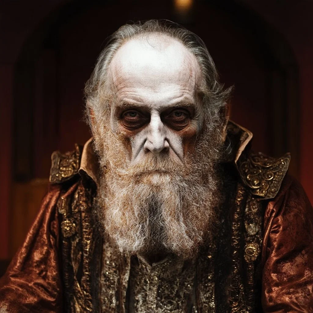 very grainy discolored modern photo, closeup portrait, dark ancient hall with no lights, grunge, extremely old male with chalk-white skin wearing old dashing and opulent gilded clothes, threatening, imposing, ventru