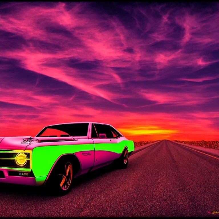 art deco, cyberpunk, neon muscle car, desert road, sunset, full colour, hd,