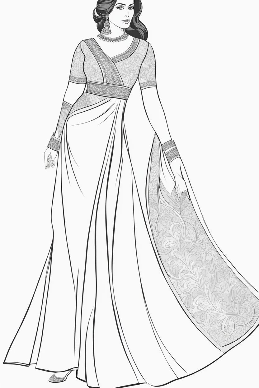 Coloring page for adults of a elegant fashion model woman wearing hindi dress, dynamic poses, full body portrait, thick and clean lines, clean details, no-color, no-turban, no-background, non color, non shading, no-grayscale, dynamic poses, full body portrait, thick and clean lines, clean details, no-color, no-turban, , non background, non color, non shading, no-grayscale, no color hair