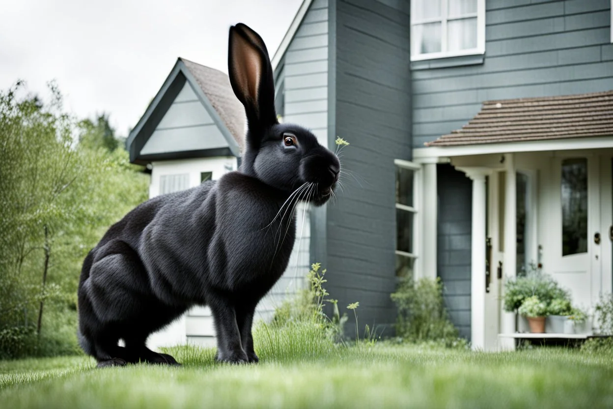 Photograph of a GIANT black rabbit standing next to a house
