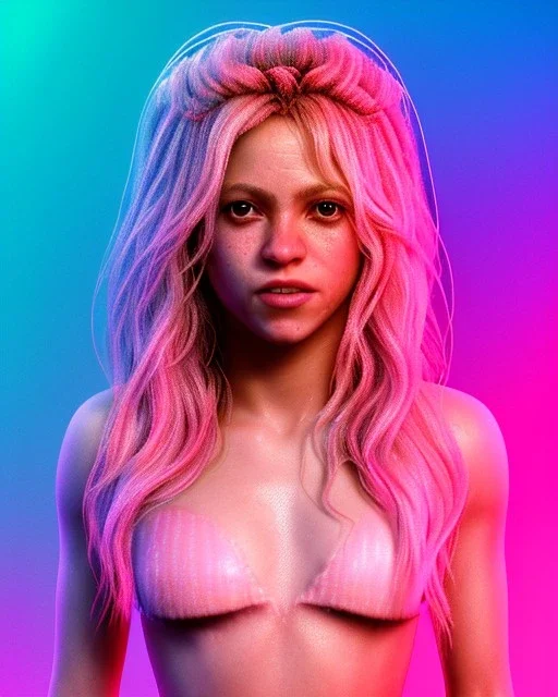 portrait, Shakira, blonde artist, Realistic image, drinking a strawberry milkshake, pink line make-up, sweat, fog, goddess style, Neon colors, leds. Color background, photo studio, concept art, smooth, unreal engine 5, god lights, ray tracing, RTX, lumen lighting, ultra detail, volumetric lighting, 3d, finely drawn, high definition, 4k.