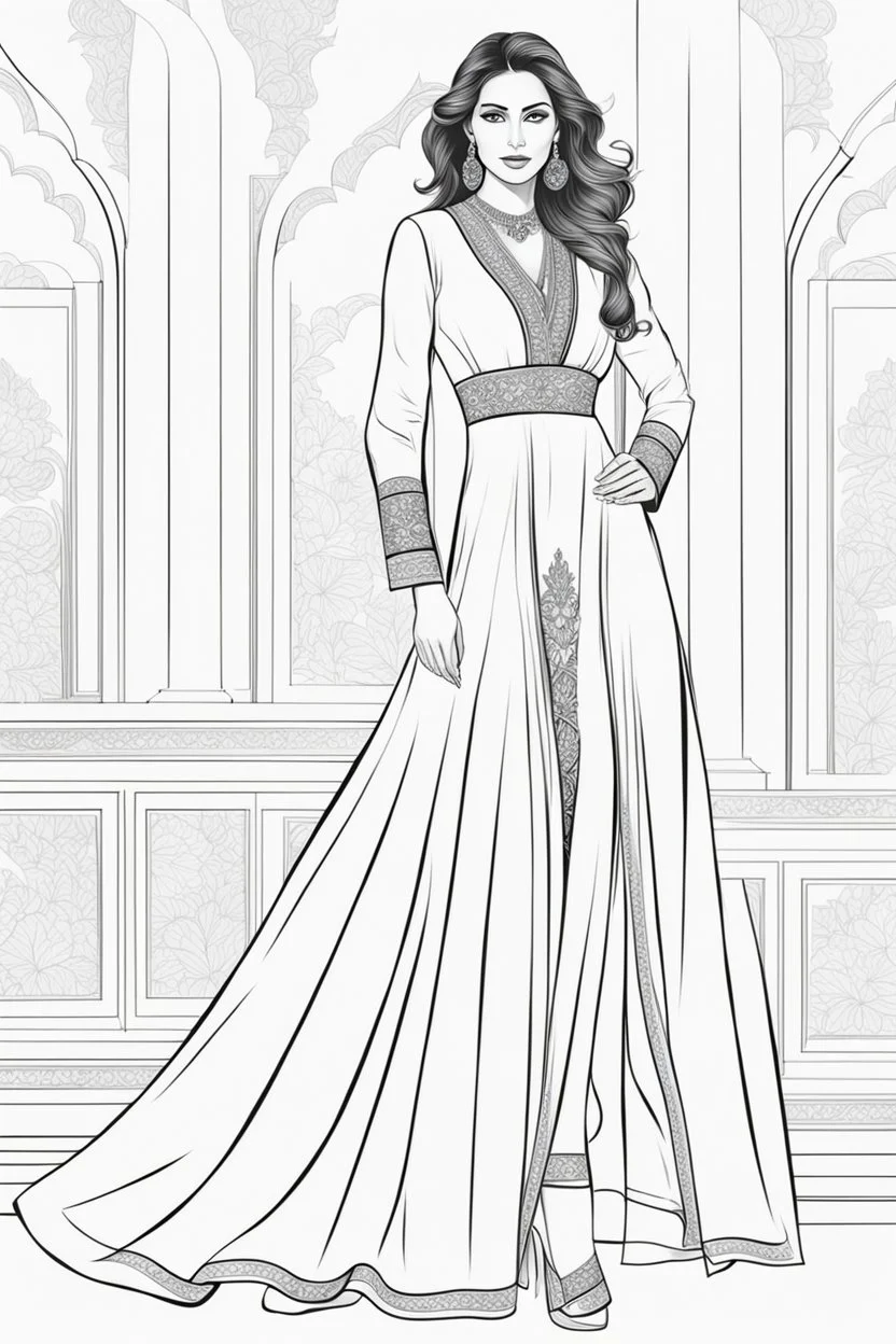 Coloring page for adults of a elegant fashion model woman wearing hindi dress, dynamic poses, full body portrait, thick and clean lines, clean details, no-color, no-turban, no-background, non color, non shading, no-grayscale, dynamic poses, full body portrait, thick and clean lines, clean details, no-color, no-turban, , non background, non color, non shading, no-grayscale, no color hair