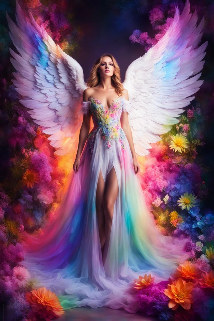 Gorgeous Photography Beautiful Woman as Angel with clothing abstracts flowers luxury gown dressing painting art neons rainbow colors glowing in the dark and colorful details, light leaks boleh colors,flowers background