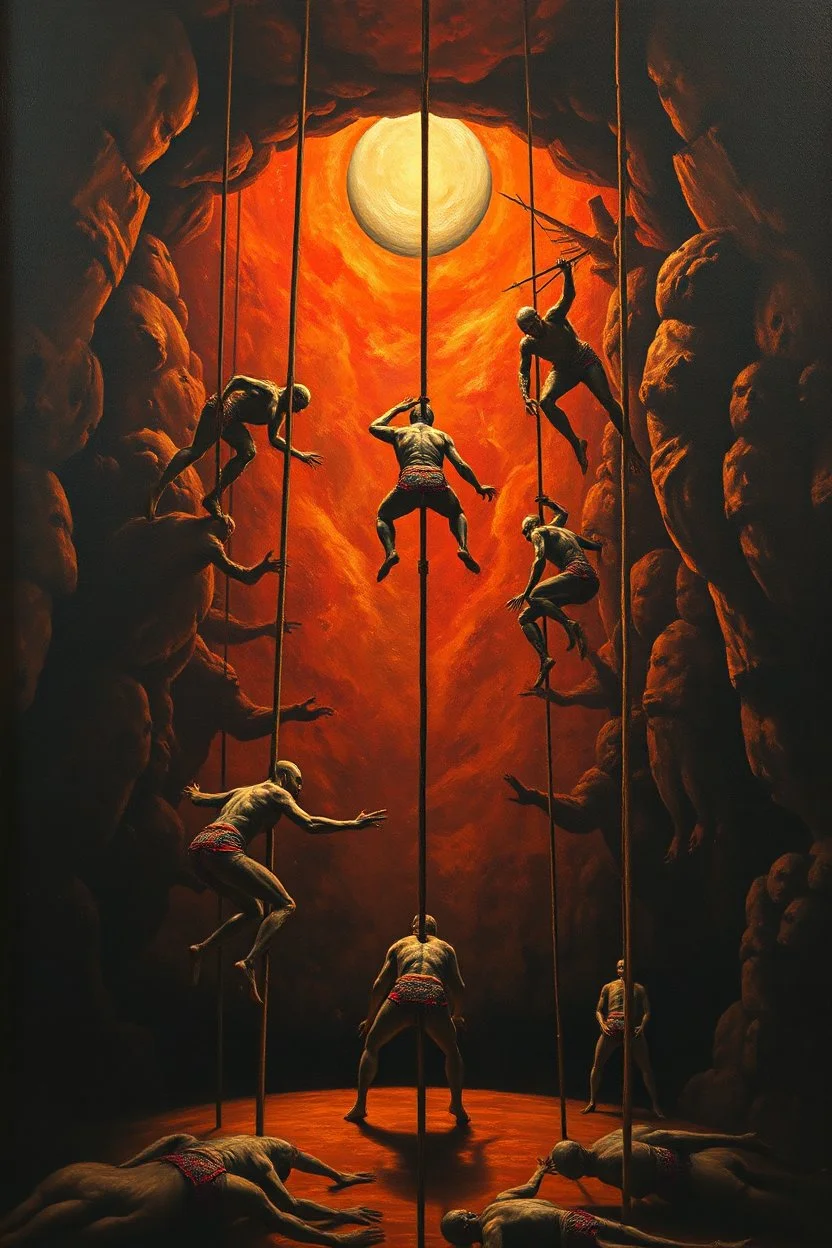 endless master oil painting, close up on inferno circus acrobats crawl in from the dark shadows, in the style of Escher and Giger