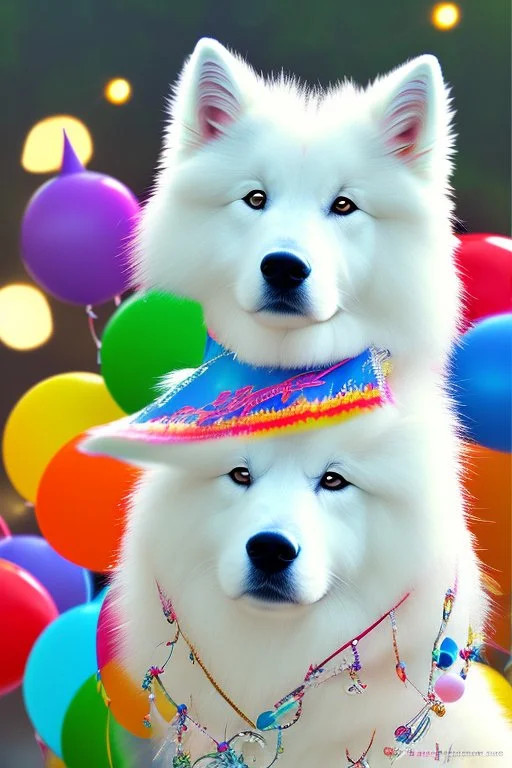 Cute, fluffy, happy looking white Samoyed dog, colorful, summer time, birthday, festive atmosphere, detailed, congratulating