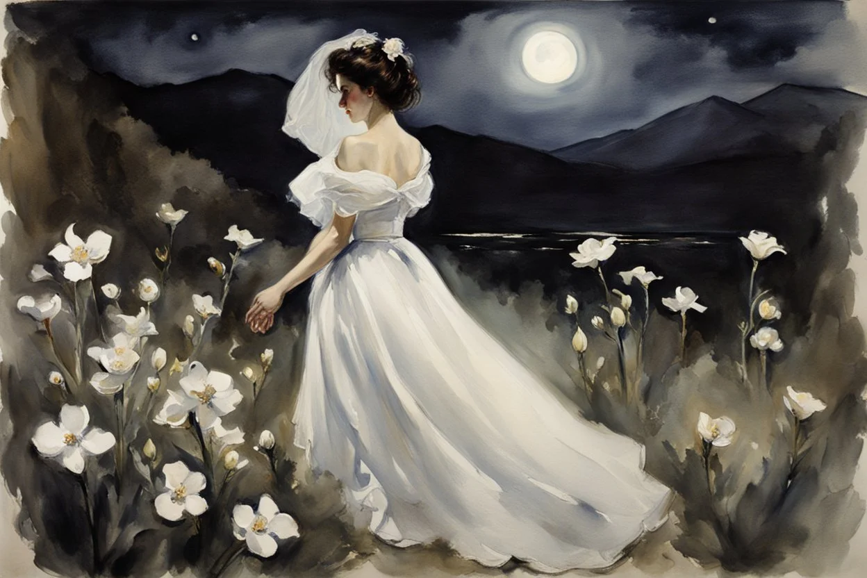 Night, one woman, white flowers, mountains, gothic horror films influence, john singer sargent watercolor paintings