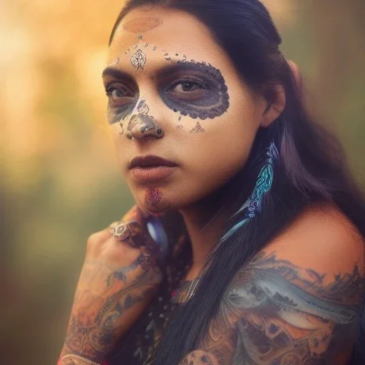 mystic indian woman, perfect, face tattoo, long hair, head and shoulders portrait, cinematic, 8k, dynamic lighting, hyperdetailed, intricately detailed