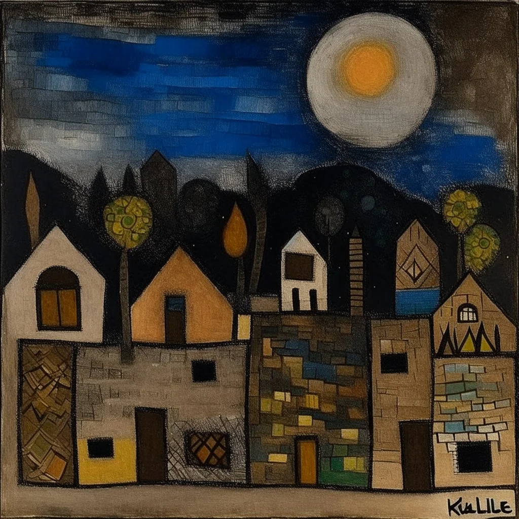 A brownish black murky houses in a village at nighttime painted by Paul Klee