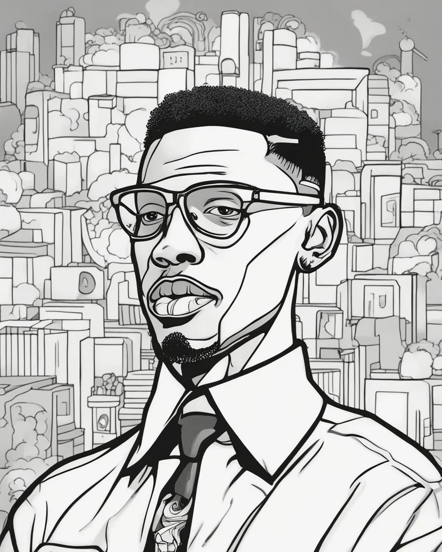 coloring page for teens, simple outlines art, cartoon style, outline drawing, bold outlines, clean and clear outlines, no tones color, no color, no detailed art, art full view, wide angle, white background, Malcom X