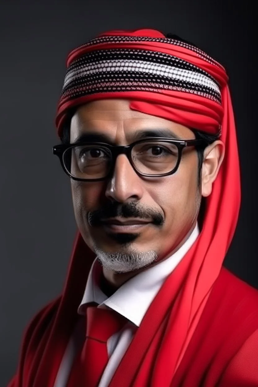 A Saudi lawyer in red shemagh with stripes, a modern Saudi lawyer and a headband with a fair balance for the law firm.