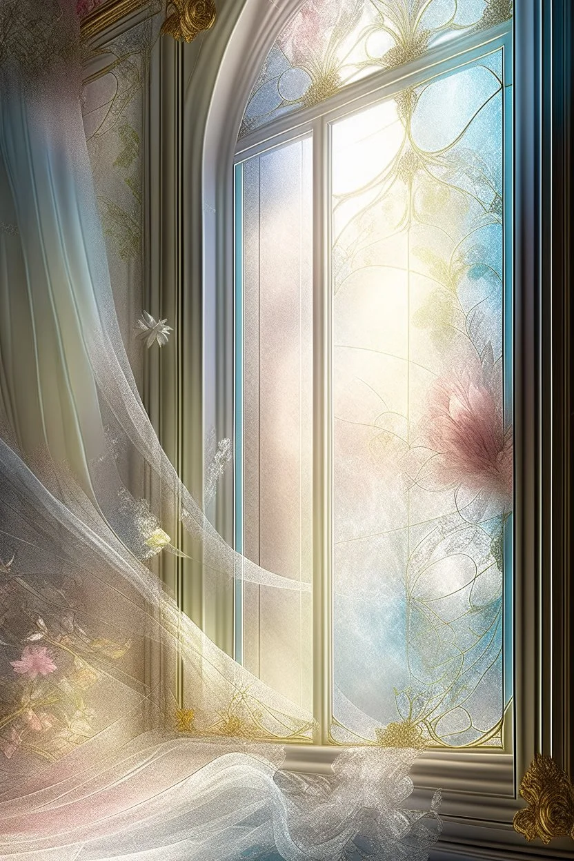 Shabby chic style, transparent tulle on the windows, light botanical, detail, airbrushing, drawing with fine strokes, fantasy, floral tenderness, glass, digital art, sun rays, glare, splashes, pastel tones, sparks, lights, Pixel expansion, many details, delicate sensuality, made of stone and glass, intracate details, lineout, mysticism, realistic, high quality, work of art, professional, filigree, pearl light mist