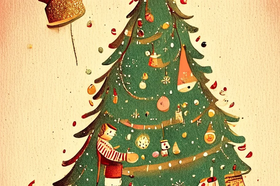 Christmas illustration, whimsical, detailed, warm colors, grainy texture, subject: decorating the christmas tree