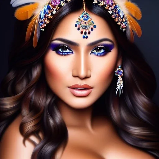 Ultra detailed fullbody Portrait in oil on canvas of beautiful busty female Apache with feathers,extremely detailed digital painting,ultrarealistic skin,intense stare, extremely detailed face, crystal clear eyes, mystical colors ,perfectly centered image, perfect composition, rim light, beautiful lighting,masterpiece ,8k, stunning scene, raytracing, anatomically correct, in the style of Simon Bisley and uncannyknack and Ohrai Noriyoshi and robert e howard and Steve Jung.